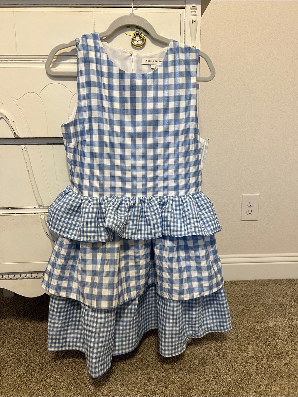 English Factory Blue and White Gingham Tiered Peplum Dress